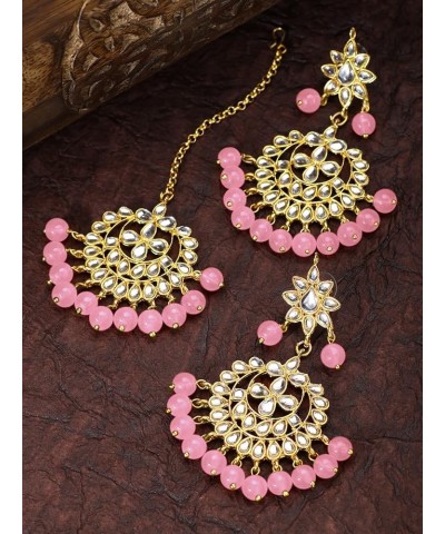 Earrings Maang Tikka Set Indian Fashion Jewelry For Women Pink $12.40 Jewelry Sets