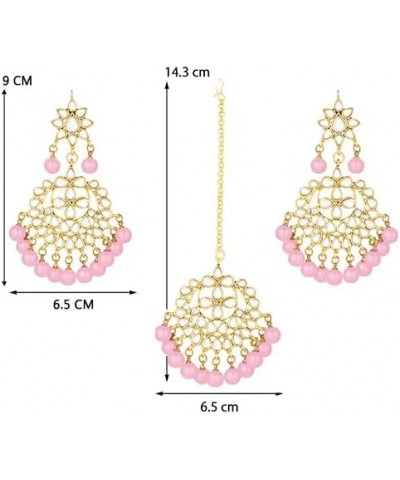 Earrings Maang Tikka Set Indian Fashion Jewelry For Women Pink $12.40 Jewelry Sets