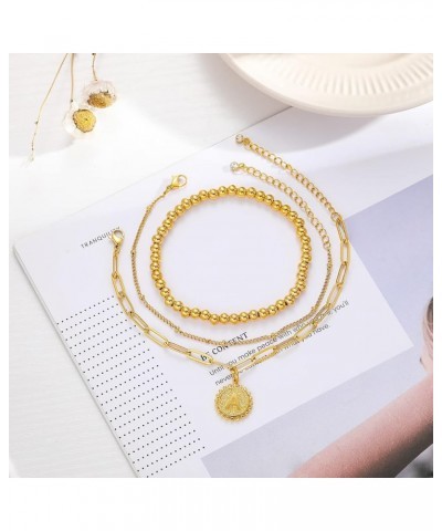 Gold Initial Bracelets for Women 14K Gold Plated Beaded Bracelets for Women Teen Girls Gold Layered Chain Bracelets Dainty Ad...