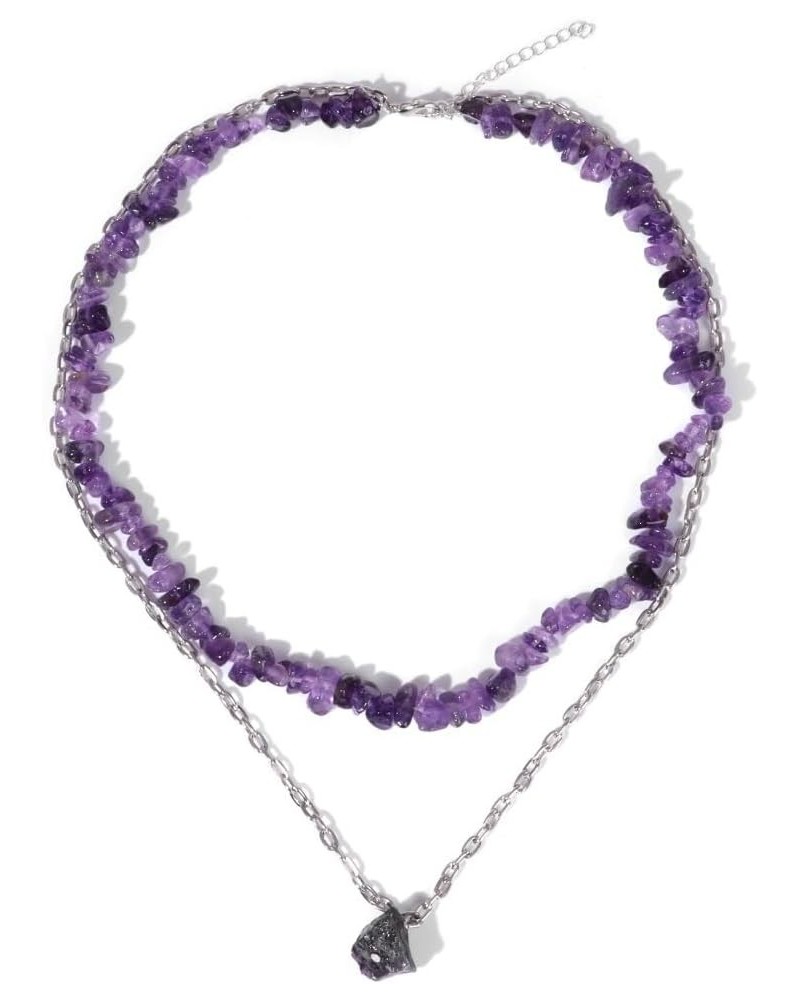 Double Layed Natural Stone Necklace for Women Men Natural Irregular Chip Stone Necklace Birthday Christmas Amethyst $8.83 Nec...