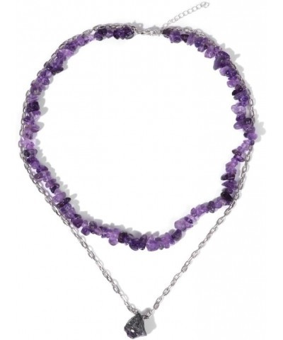 Double Layed Natural Stone Necklace for Women Men Natural Irregular Chip Stone Necklace Birthday Christmas Amethyst $8.83 Nec...