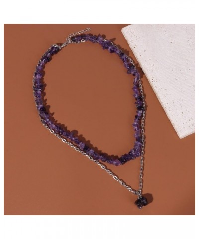 Double Layed Natural Stone Necklace for Women Men Natural Irregular Chip Stone Necklace Birthday Christmas Amethyst $8.83 Nec...