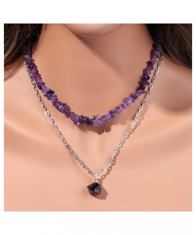 Double Layed Natural Stone Necklace for Women Men Natural Irregular Chip Stone Necklace Birthday Christmas Amethyst $8.83 Nec...