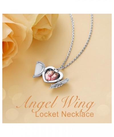 Angel Wing Locket Necklace That Holds Picture for Women,Gold/Rose Gold/Black 925 Sterling Silver Heart Lockets with Chain 16"...