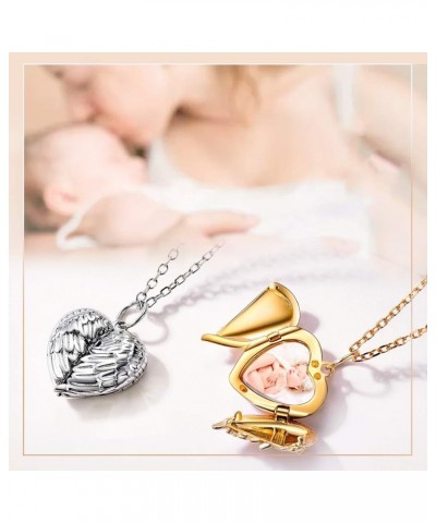 Angel Wing Locket Necklace That Holds Picture for Women,Gold/Rose Gold/Black 925 Sterling Silver Heart Lockets with Chain 16"...