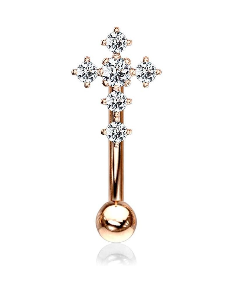 CZ Paved Cross Top 316L Surgical Steel Eyebrow Ring/Curved Barbell (Sold Per Piece) Rose Gold/Clear $10.61 Body Jewelry