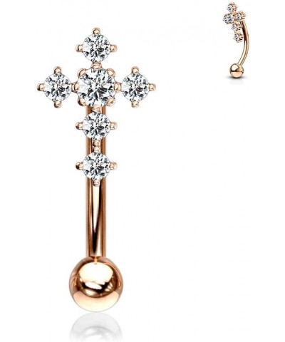 CZ Paved Cross Top 316L Surgical Steel Eyebrow Ring/Curved Barbell (Sold Per Piece) Rose Gold/Clear $10.61 Body Jewelry