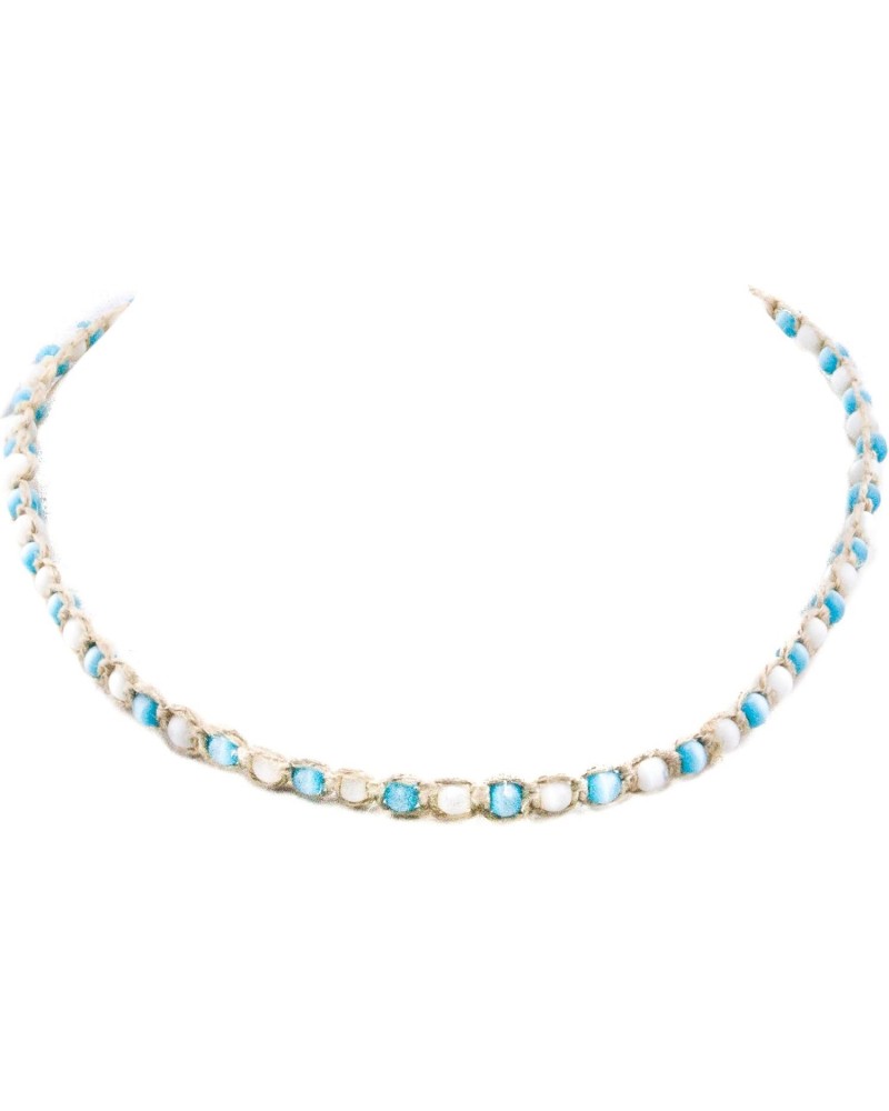 Hemp Choker Necklace with White and Light Blue Cats Eye Beads $8.67 Necklaces