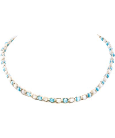 Hemp Choker Necklace with White and Light Blue Cats Eye Beads $8.67 Necklaces