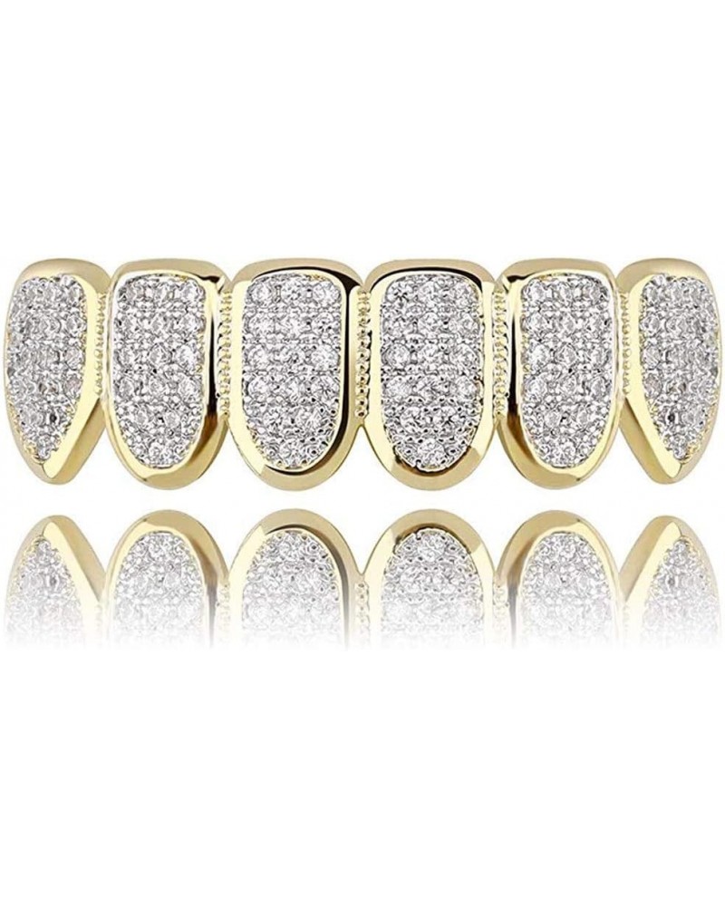 18K Gold Plated All Iced Out Luxury Cubic Zirconia Face Diamond Gold Teeth Grillz Set with Molding Bars Included for Men Wome...