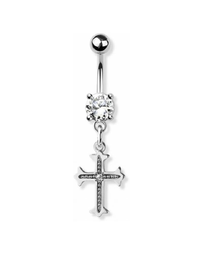 14GA 316L Stainless Steel CZ Crystal Cross Dangling Belly Button Ring Silver Tone $11.01 Body Jewelry