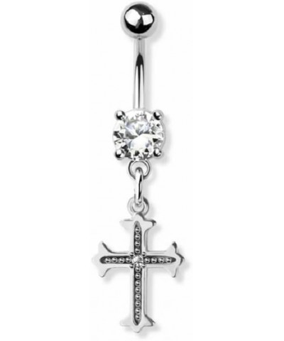 14GA 316L Stainless Steel CZ Crystal Cross Dangling Belly Button Ring Silver Tone $11.01 Body Jewelry