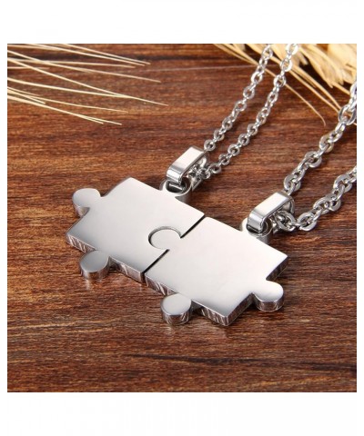 2 Pieces Stainless Steel Puzzle Matching Pendant Couple Necklace Set with 18" & 22" Chain Silver $9.17 Necklaces