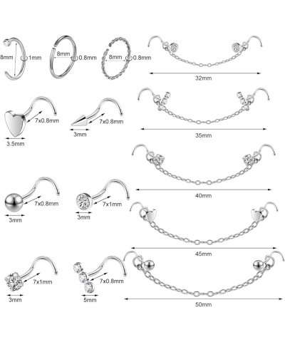 20G Nose Rings Studs with Chain Piercing Across Double Nose Stud Nose Hoop Spike Heart Ball CZ Surgical Steel Nostril Piercin...