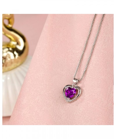 Birthstone Necklace for Women Heart Pendant Created Gemstone Birthday Gifts for Wife Daughter Her 18+2 Inch Purple $13.93 Nec...