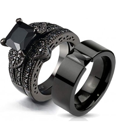 Couple Ring Bridal Sets His And Hers Women Black Gold Filled Square CZ Men Titanium Band Wedding Ring Band Set women's size 9...