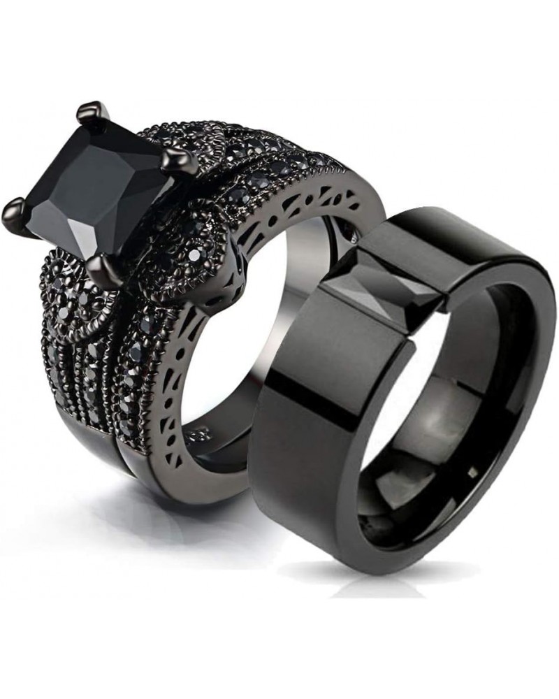 Couple Ring Bridal Sets His And Hers Women Black Gold Filled Square CZ Men Titanium Band Wedding Ring Band Set women's size 9...