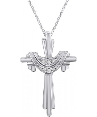 14k White Gold Finish 925 Sterling Silver Round White Diamond Religious Cross Pendant NecklaceFor Women Girls Birthday Christ...