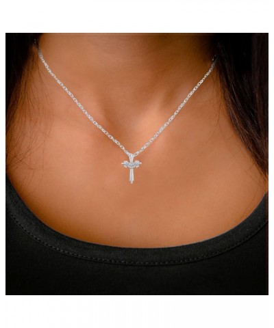 14k White Gold Finish 925 Sterling Silver Round White Diamond Religious Cross Pendant NecklaceFor Women Girls Birthday Christ...