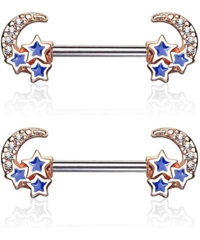 Pave CZ Celestial Moon & Stars 14g Surgical Steel Nipple Barbells (Choose Color) Rose Gold Tone $11.79 Body Jewelry