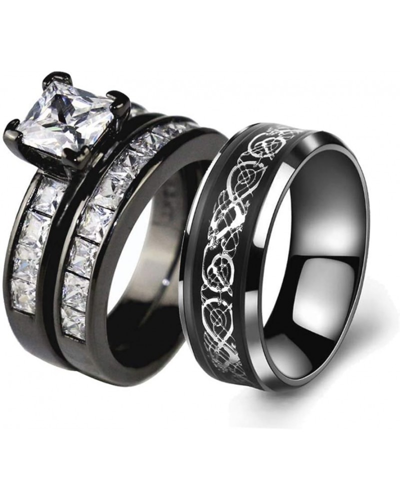 Couple Ring Bridal Sets His Hers Women Black Gold Plated Square CZ Men Stainless steel Band Wedding Ring Band Set Black women...