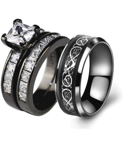 Couple Ring Bridal Sets His Hers Women Black Gold Plated Square CZ Men Stainless steel Band Wedding Ring Band Set Black women...