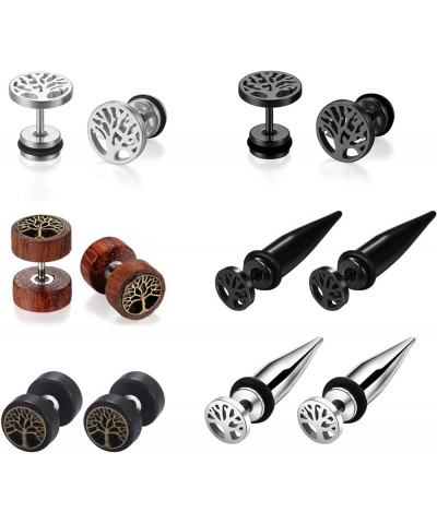 3/6 Pairs Natural Wood Stainless Steel Fake Gauges Earrings,Life Tree,Lion Head Charm Cheater Faux Ear Plugs Gauges Illusion ...