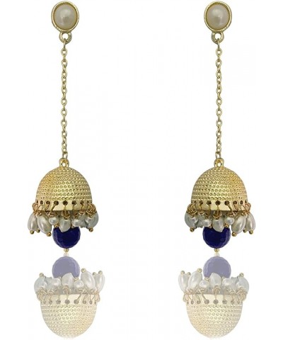 Traditional Long Indian Jhumka Jhumki Golden Dangle Earrings With Pearl For Women Blue $7.55 Earrings