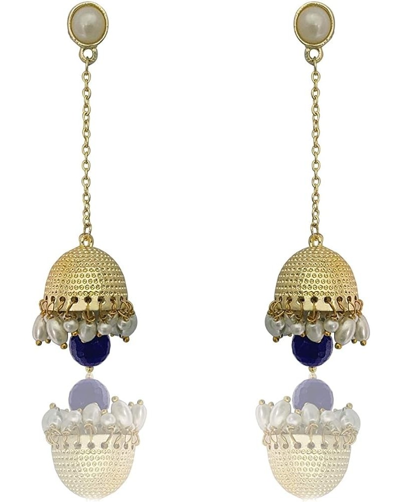 Traditional Long Indian Jhumka Jhumki Golden Dangle Earrings With Pearl For Women Blue $7.55 Earrings