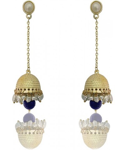 Traditional Long Indian Jhumka Jhumki Golden Dangle Earrings With Pearl For Women Blue $7.55 Earrings