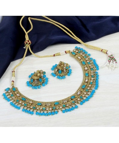 Indian Bollywood Style Antique Gold plated Multi Color Choker Necklace & Earrings for Women with Adjustable Dori, Wedding Gif...