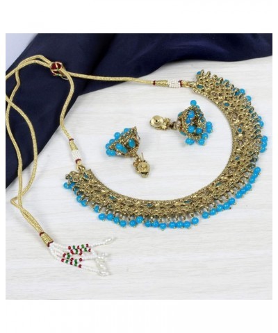 Indian Bollywood Style Antique Gold plated Multi Color Choker Necklace & Earrings for Women with Adjustable Dori, Wedding Gif...