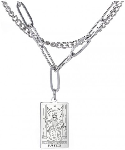 Double Layer Necklace Vintage Tarot Jewelry Good Luck Amulet Pendants Stainless Steel Necklace Steel Color-JUSTICE $8.66 Neck...