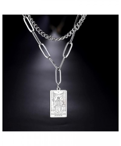 Double Layer Necklace Vintage Tarot Jewelry Good Luck Amulet Pendants Stainless Steel Necklace Steel Color-JUSTICE $8.66 Neck...