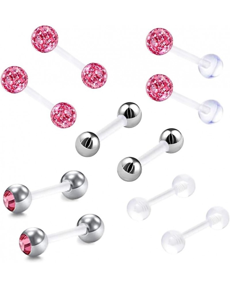 10pc 6mm/8mm/10mm Acrylic Bar Crystal Ball Barbell Ear Cartilage Tragus Daith Stud Earrings Body Piercing Jewelry pink Suitab...