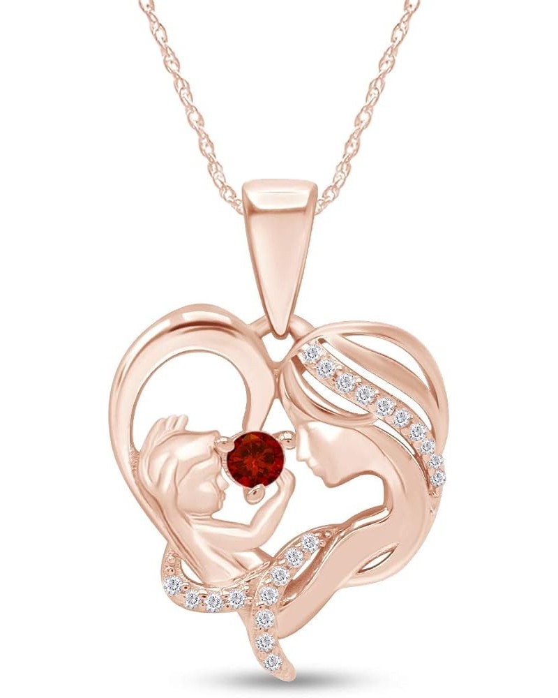 Round Cut Simulated Birthstone & White Cubic Zirconia Mom with Child Heart Pendant Necklace in 14K Rose Gold Over Sterling Si...