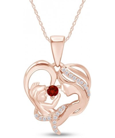 Round Cut Simulated Birthstone & White Cubic Zirconia Mom with Child Heart Pendant Necklace in 14K Rose Gold Over Sterling Si...