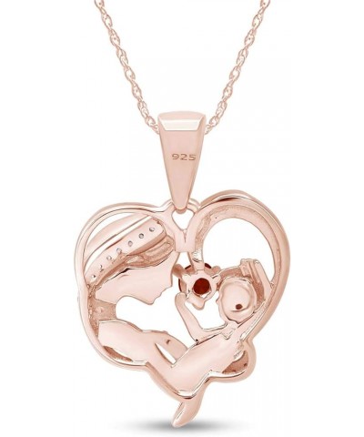 Round Cut Simulated Birthstone & White Cubic Zirconia Mom with Child Heart Pendant Necklace in 14K Rose Gold Over Sterling Si...