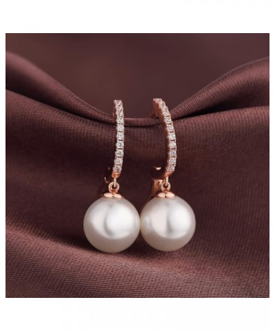 925 Sterling Silver Pearl Leverback Earrings for Women, 18K White Gold Plated Cubic Zirconia Pearl Diamond Earrings 10mm, Com...