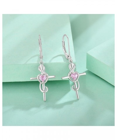 Women's Note Cross Earrings Sterling Silver Treble Clef Leverback Earring Music Note Jewelry for Music Lover 10-Pink Tourmali...