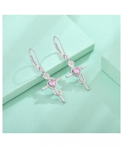 Women's Note Cross Earrings Sterling Silver Treble Clef Leverback Earring Music Note Jewelry for Music Lover 10-Pink Tourmali...