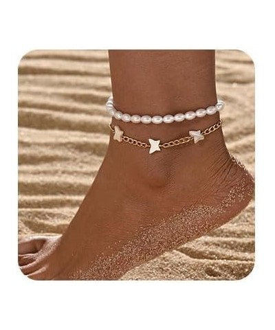 Boho Pearl Anklet Layered Ankle Bracelets Gold Butterfly Anklet Pearl Layered Anklet Handmade Beach Anklet Chain Jewelry for ...