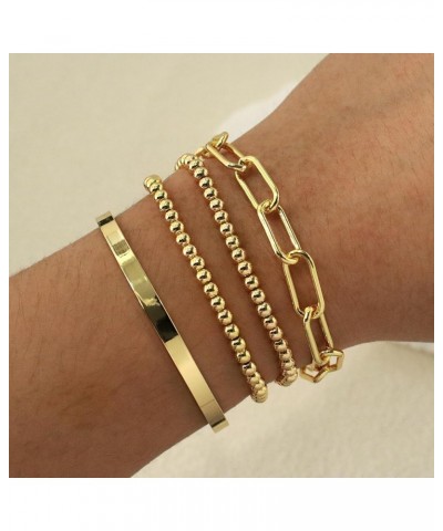 Gold Bracelets for Women Stack 14K Gold Plated Bangle Cuff Bracelet Set for Women Non Tarnish Gold Beaded Paperclip Link Chai...