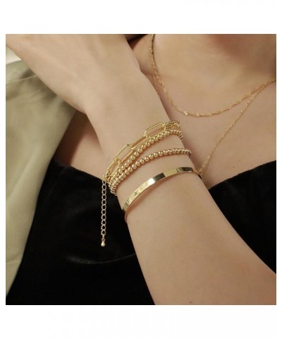 Gold Bracelets for Women Stack 14K Gold Plated Bangle Cuff Bracelet Set for Women Non Tarnish Gold Beaded Paperclip Link Chai...