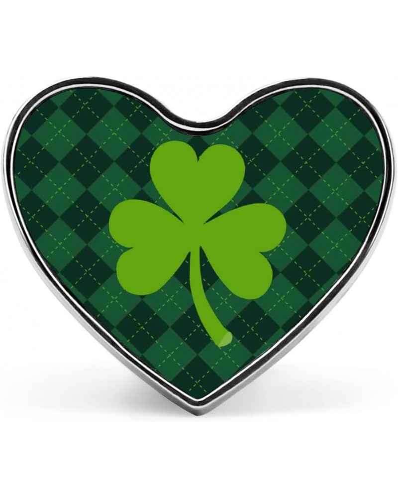 St Patrick's Day Green Shamrock Clover Lucky on Checker Paid Heart Brooch Pin, Unisex Smooth Surface Lapel Tie Pin, Lightweig...