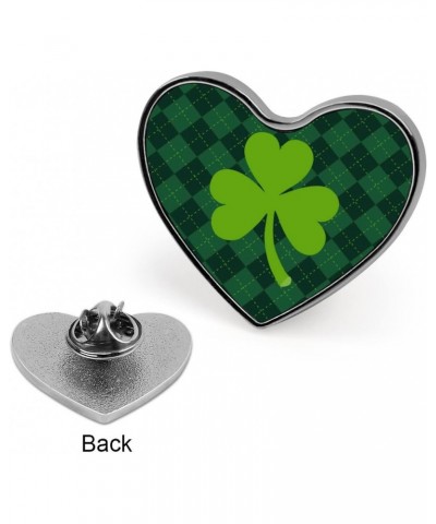 St Patrick's Day Green Shamrock Clover Lucky on Checker Paid Heart Brooch Pin, Unisex Smooth Surface Lapel Tie Pin, Lightweig...