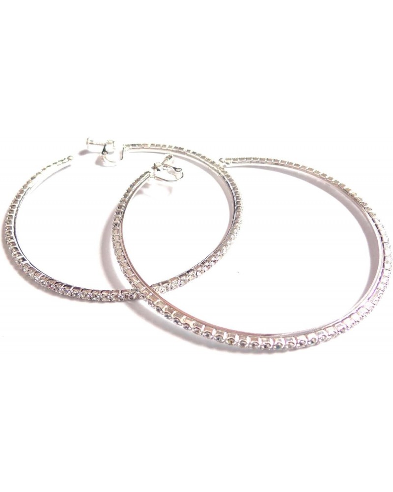 Clip-on Earrings Rhinestone Crystal Hoop Earrings Silver Large 4 inch Hoop $10.70 Earrings