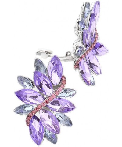 Women's Dazzling Crystal Marquis Leaf Cluster Statement Clip On Earrings, 1.87 Lavender Purple With Rose Pink Crystal Silver ...