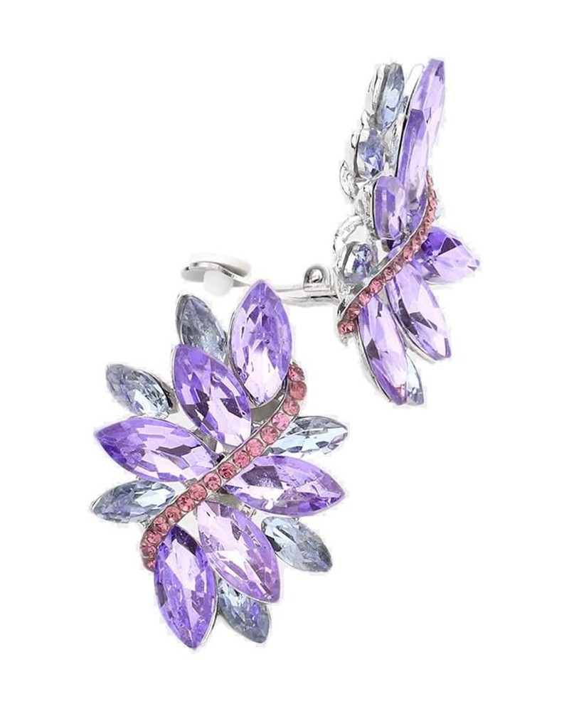 Women's Dazzling Crystal Marquis Leaf Cluster Statement Clip On Earrings, 1.87 Lavender Purple With Rose Pink Crystal Silver ...