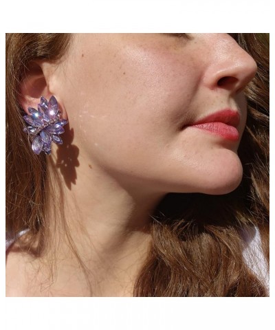 Women's Dazzling Crystal Marquis Leaf Cluster Statement Clip On Earrings, 1.87 Lavender Purple With Rose Pink Crystal Silver ...